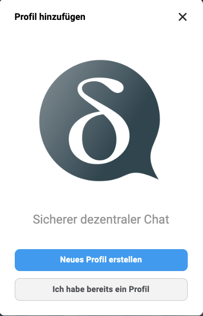 Der Startbildschirm von DeltaChat mit der Schaltfläche „Neues Profil erstellen“